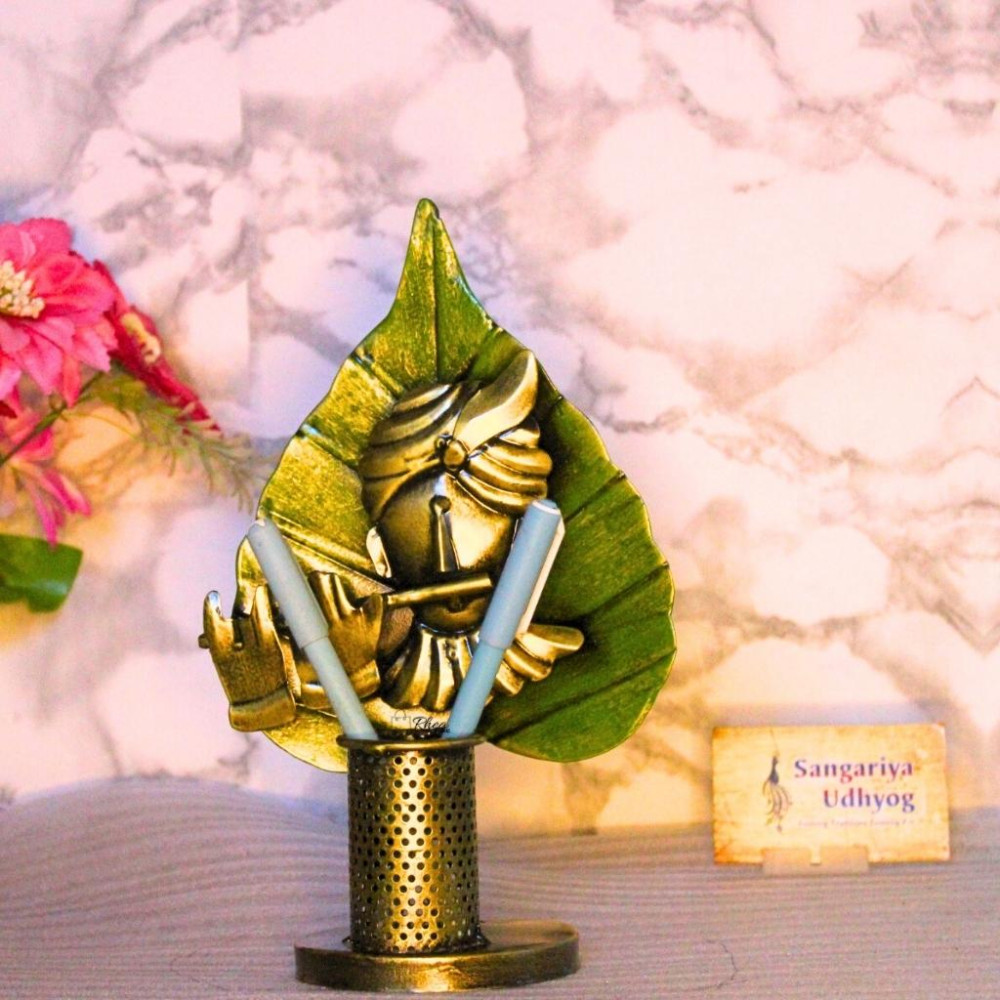 Metal Krishna On Leaf With Flute Pen Stand - 1