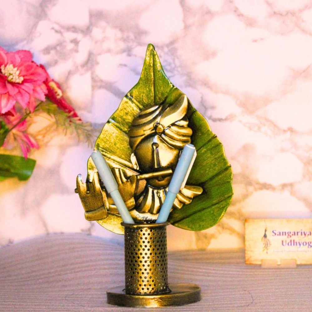 Metal Krishna On Leaf With Flute Pen Stand - 2