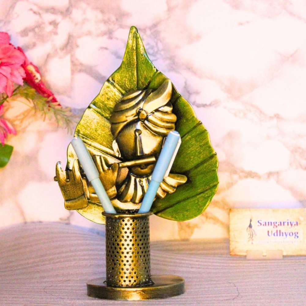 Metal Krishna On Leaf With Flute Pen Stand