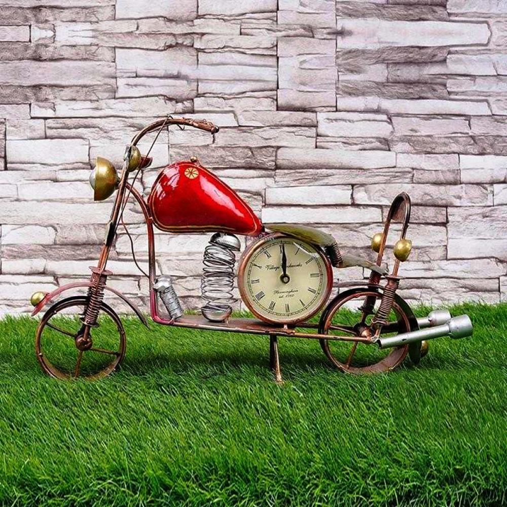 Metal Red Bike With Clock Piece Décor
