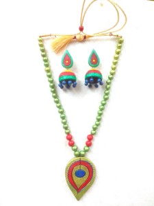 Multi-color Leaf Design Bankura Panchmura Terracotta Craft Necklace Jewellery Set