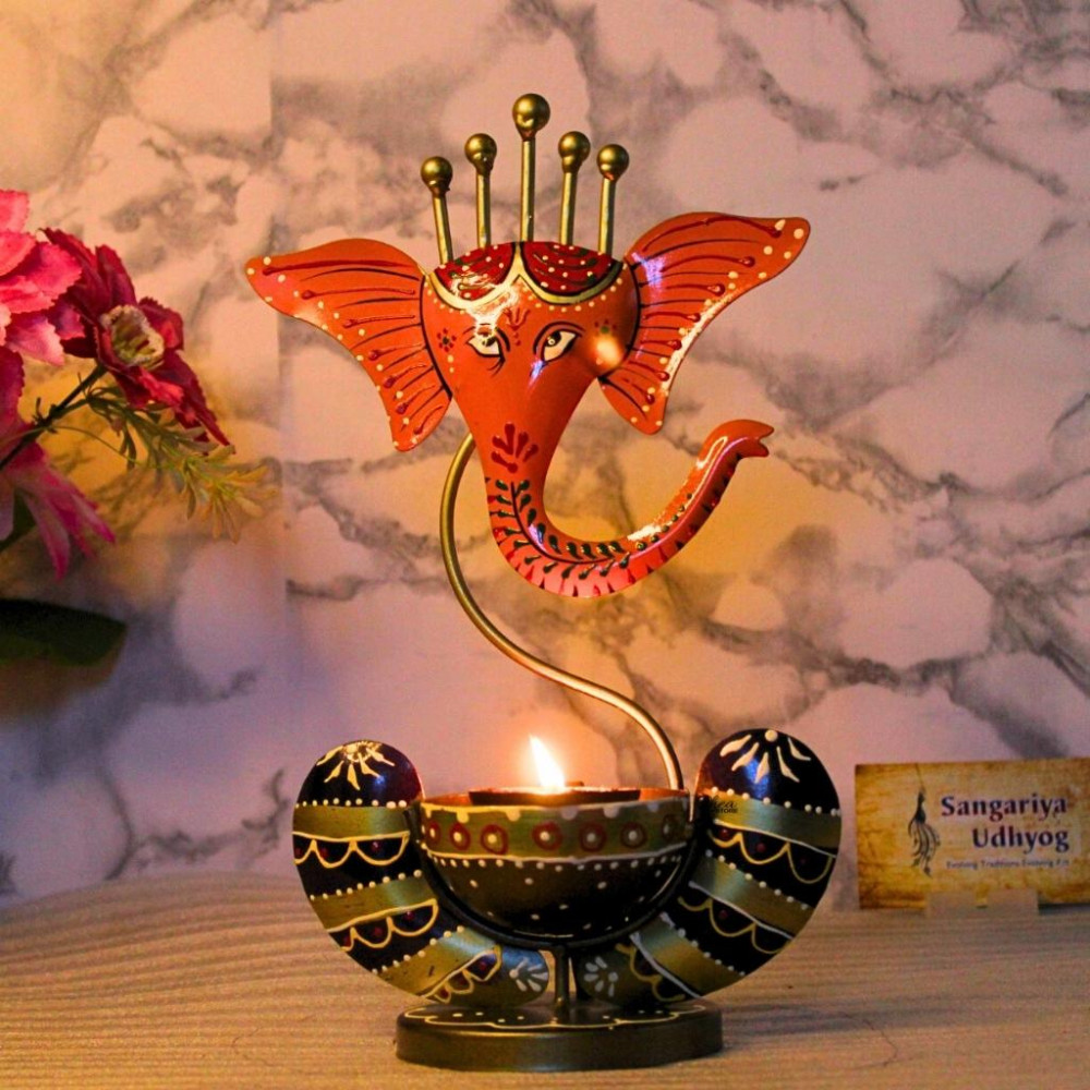 Multicolour Iron Painted Ganesha Tealight Yellow Décor - 2