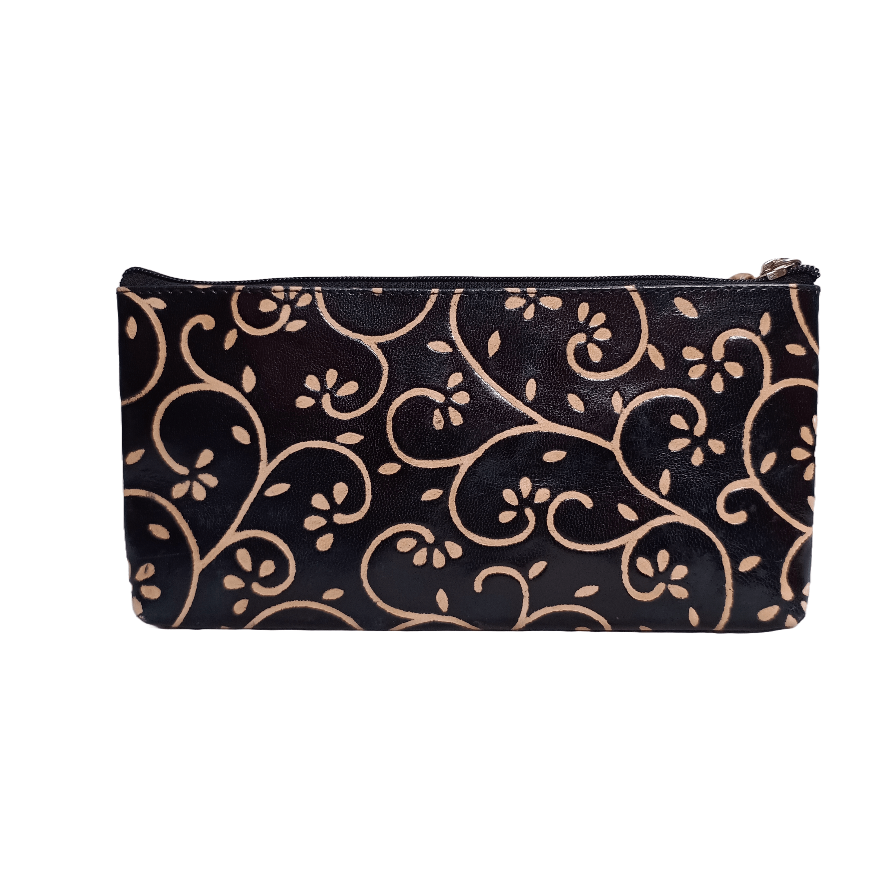 Multipurpose flower print full zip Leather pouch black - 1