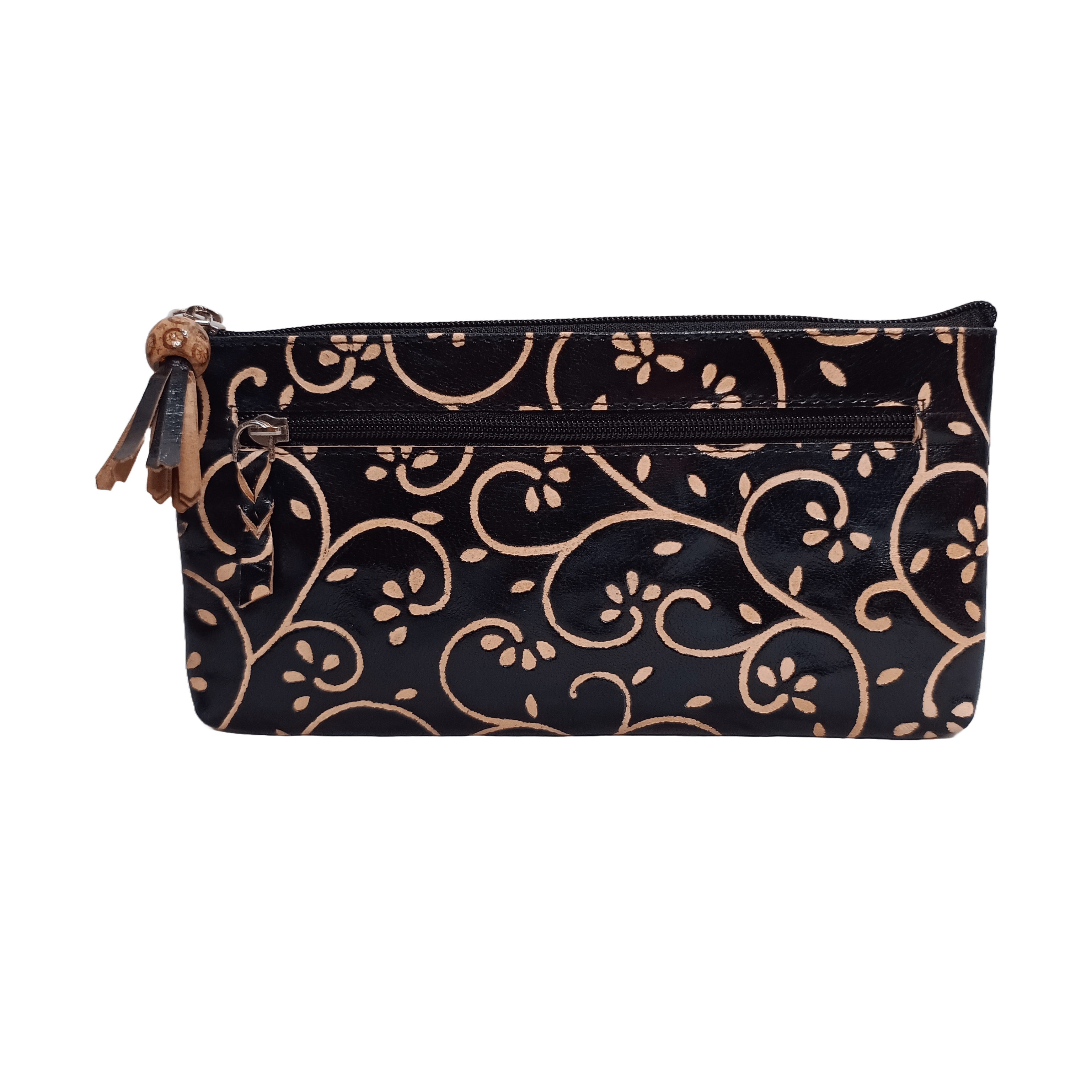 Multipurpose flower print full zip Leather pouch black