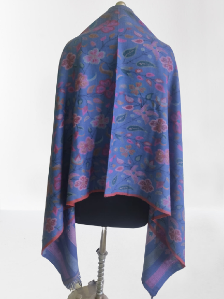 Musky Ink Blue Floral Design Kani Shawl - 0