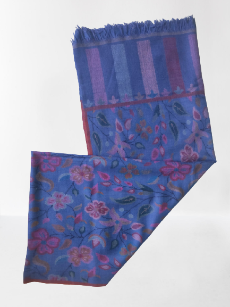 Musky Ink Blue Floral Design Kani Shawl - 2