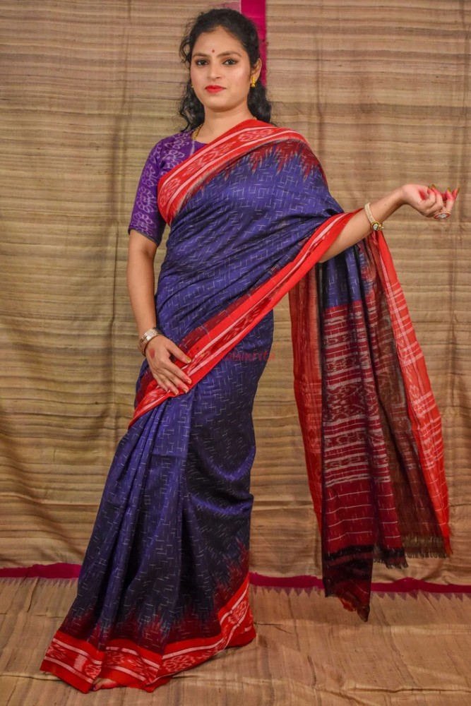 Navy Blue Red Jharana Ikkat Saree