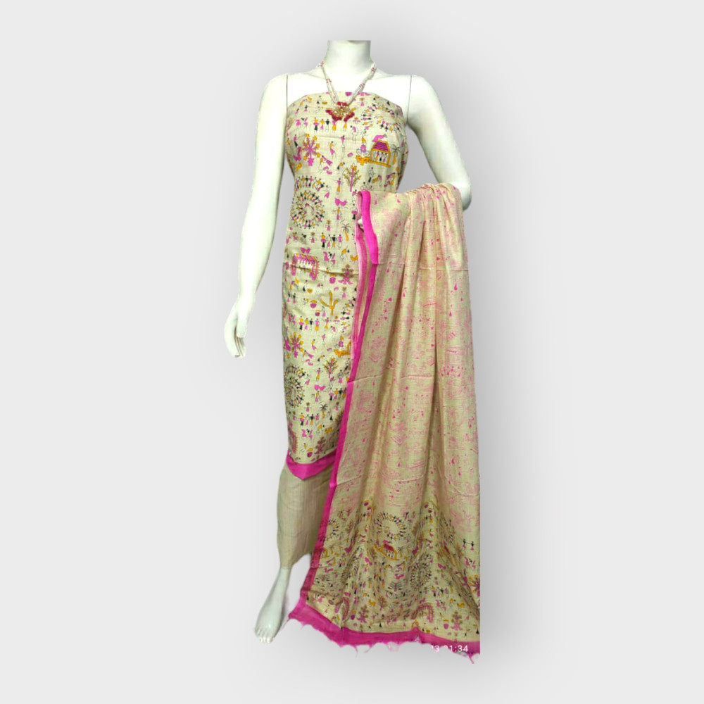 Nawada Handloom Desi Tussar Cream & Pink Suit Materials