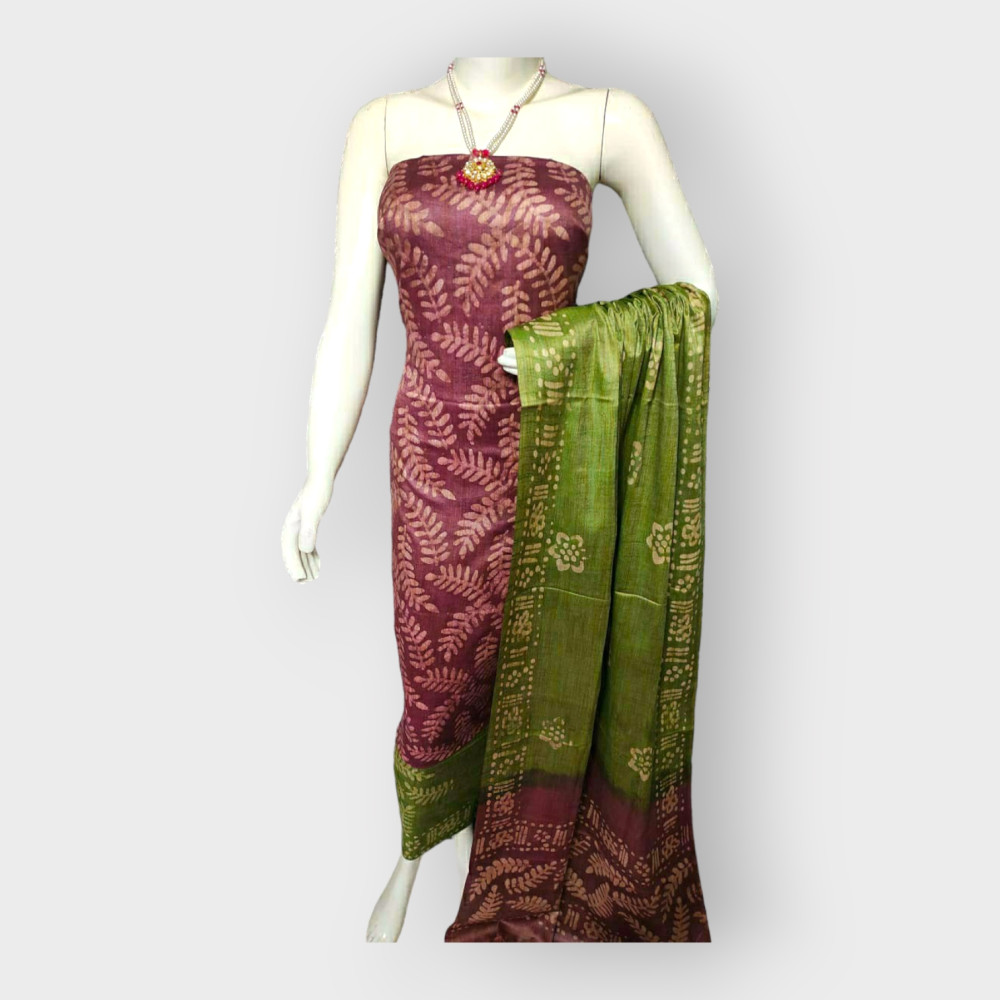 Nawada Handloom Desi Tussar Maroon & Green Suit Materials