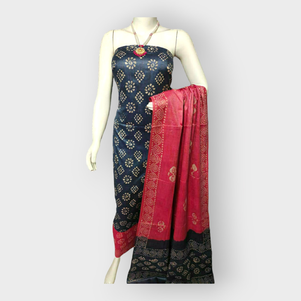 Nawada Handloom Desi Tussar Navy Blue & Pink Suit Materials