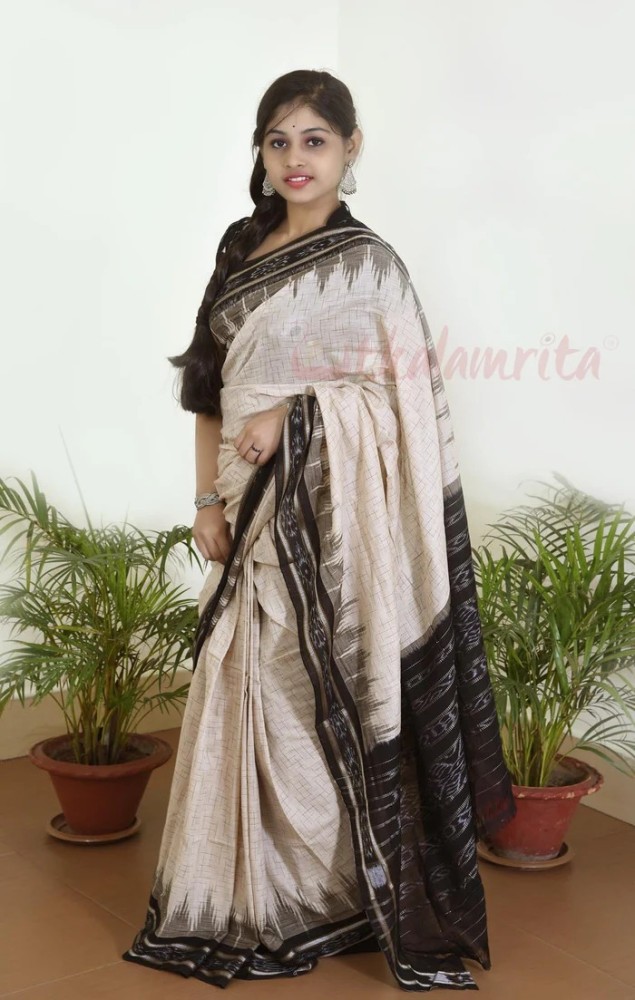 Off White Black Jharana Odisha Ikkat Saree