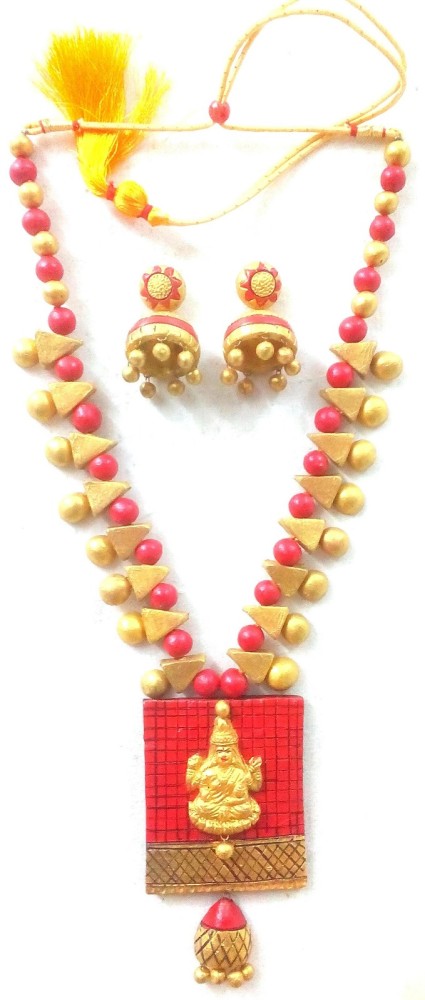 Orange And Golden Bankura Panchmura Terracotta Craft Necklace Jewellery Set