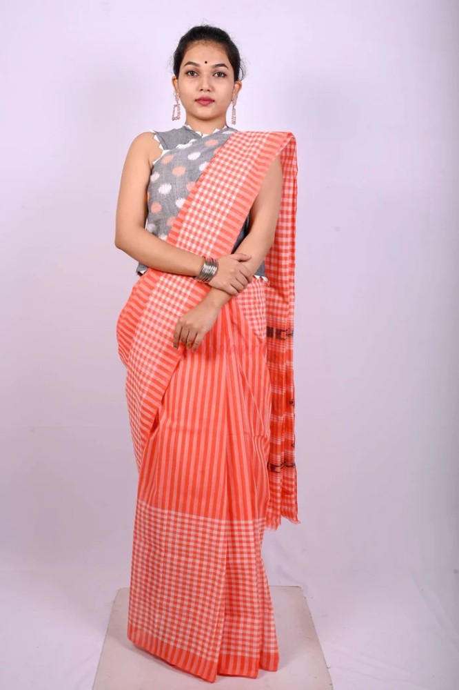 Orange Checks and Stripes Odisha Ikkat Saree