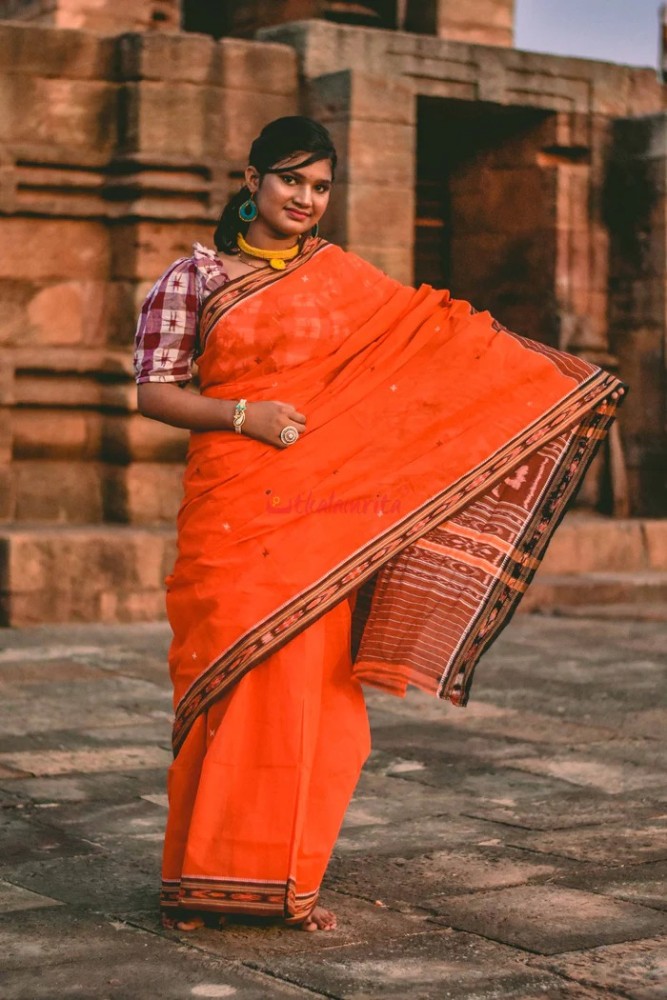 Orange Cross Single Cotton Saree