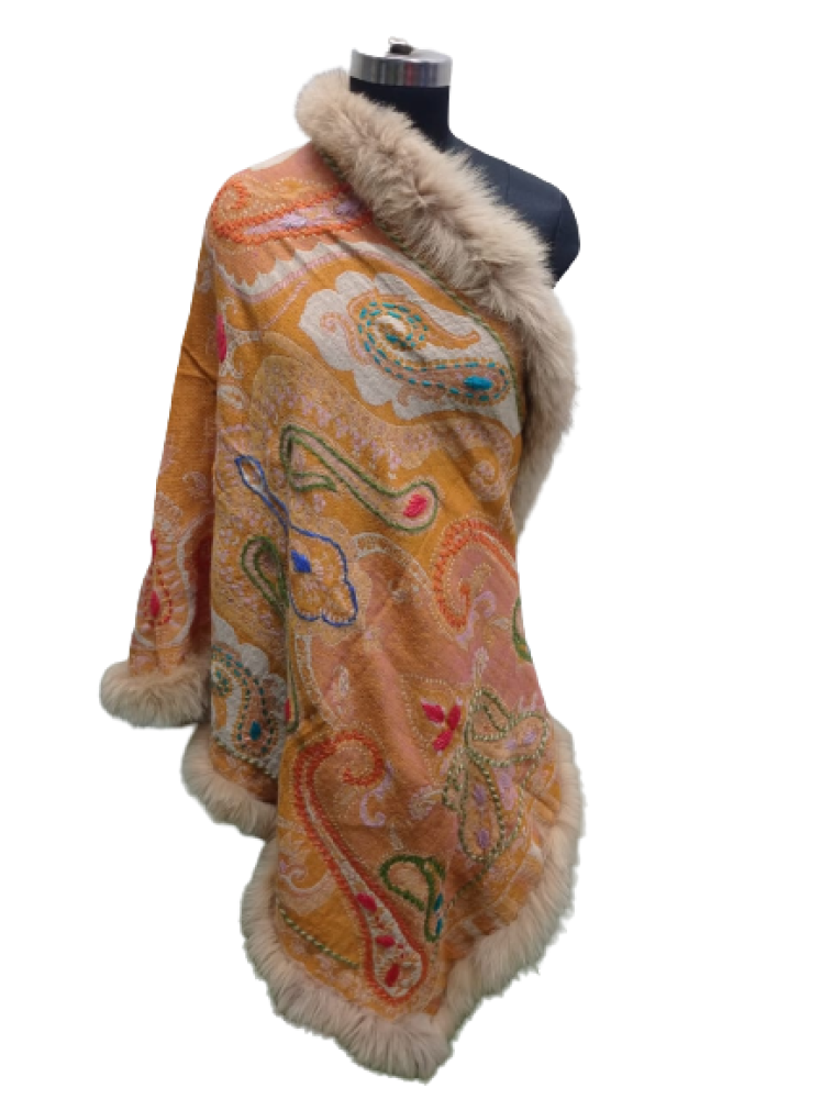 Orange Floral Prints Pashmina Stole With Fur