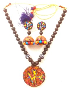 Orange Tribal Art Bankura Panchmura Terracotta Craft Necklace Jewellery Set