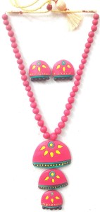 Pink And Yellow Bankura Panchmura Terracotta Craft Necklace Jewellery Set