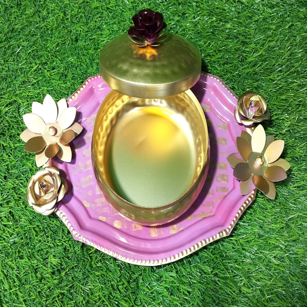 Pink & Gold Sku Tray Box With Thali - 0