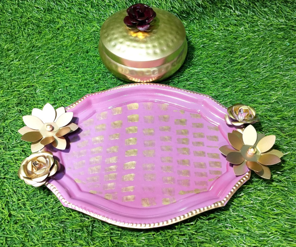 Pink & Gold Sku Tray Box With Thali - 1