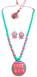 Pink Tribal Bankura Panchmura Terracotta Craft Necklace Jewellery Set