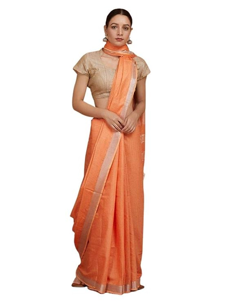 Mustard Orange Linen saree with blouse with zari border - Kihums handloom -  3262244