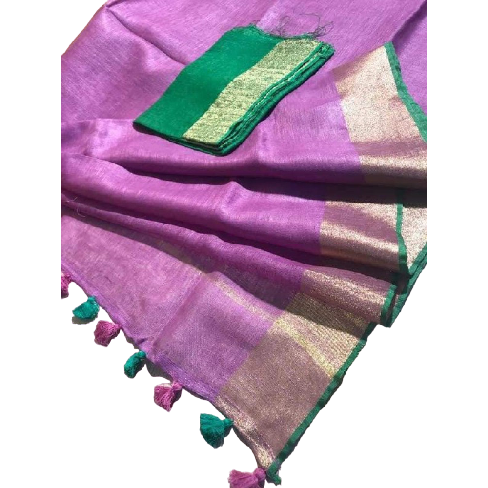 Plain Linen Saree Pink With Golden & Green Border