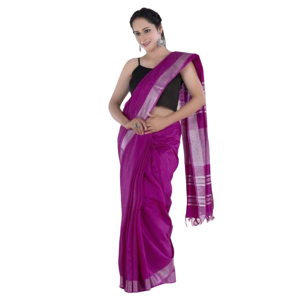 Plain Stripes Handloom Linen Saree (Pink)