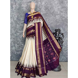 White Pochampally Ikat Saree With Purple Anchal Zari Work