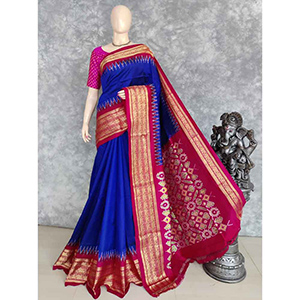 Royal Blue Pochampally Ikat Saree Pink Anchal