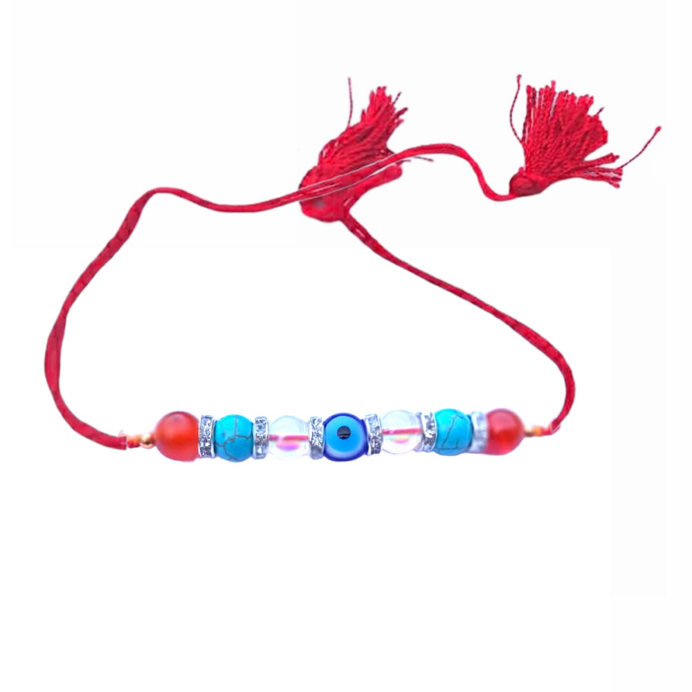 Rakhi with Red Blue & White Beads