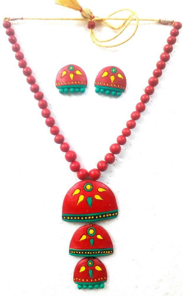 Red And Yellow Bankura Panchmura Terracotta Craft Necklace Jewellery Set