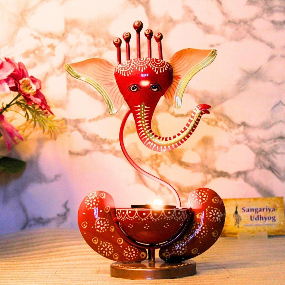 Red Iron Painted Ganesha Tea Light - 0