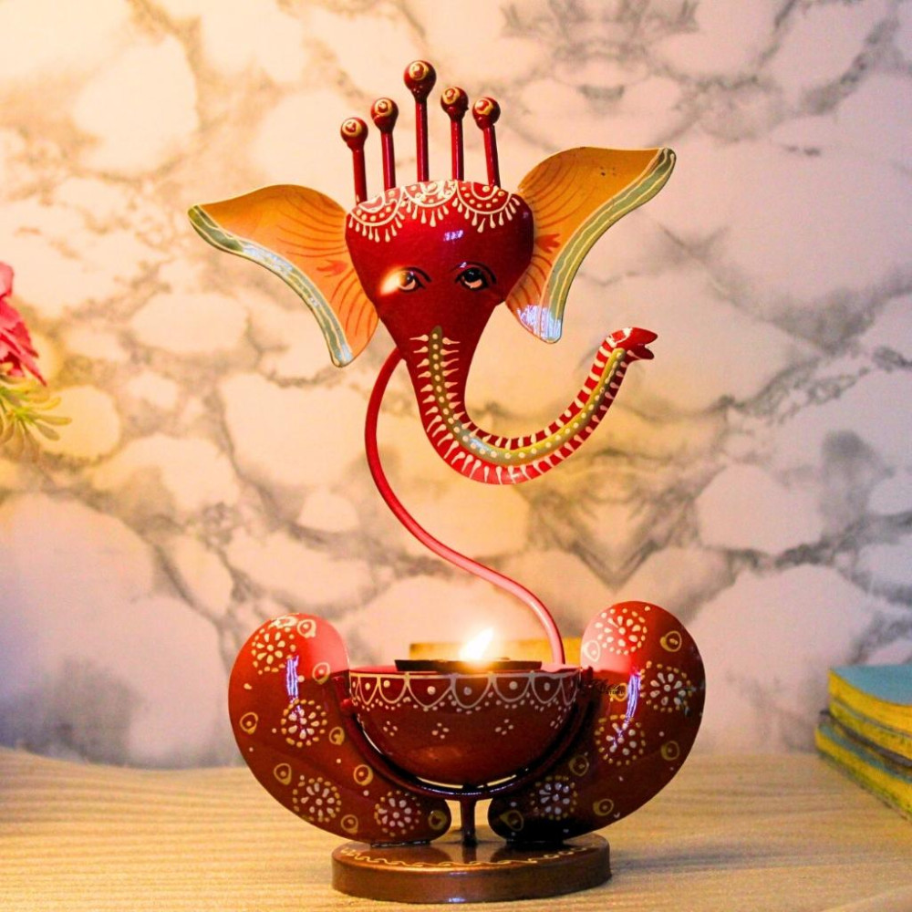 Red Iron Painted Ganesha Tea Light - 1
