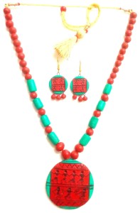 Red Tribal Bankura Panchmura Terracotta Craft Necklace Jewellery Set