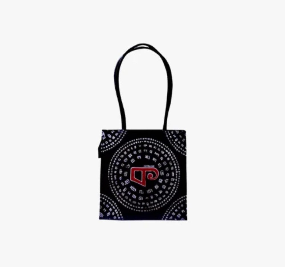 Shantiniketan Genuine Leather Handcarfted Bengali Letter Motif Black Shopping Bag For Woman( Bornomala)