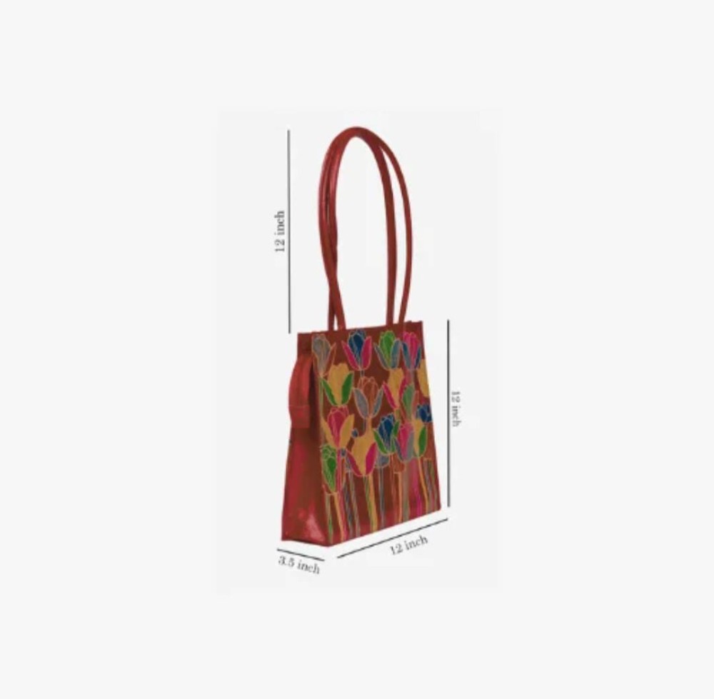 Shantiniketan Genuine Leather Handcarfted Floral Red Shopping And Tote Bag For Woman - 0