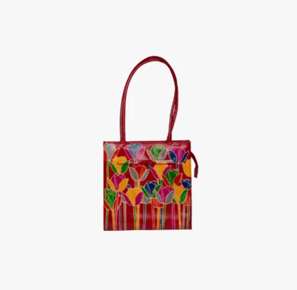 Shantiniketan Genuine Leather Handcarfted Floral Red Shopping And Tote Bag For Woman - 1