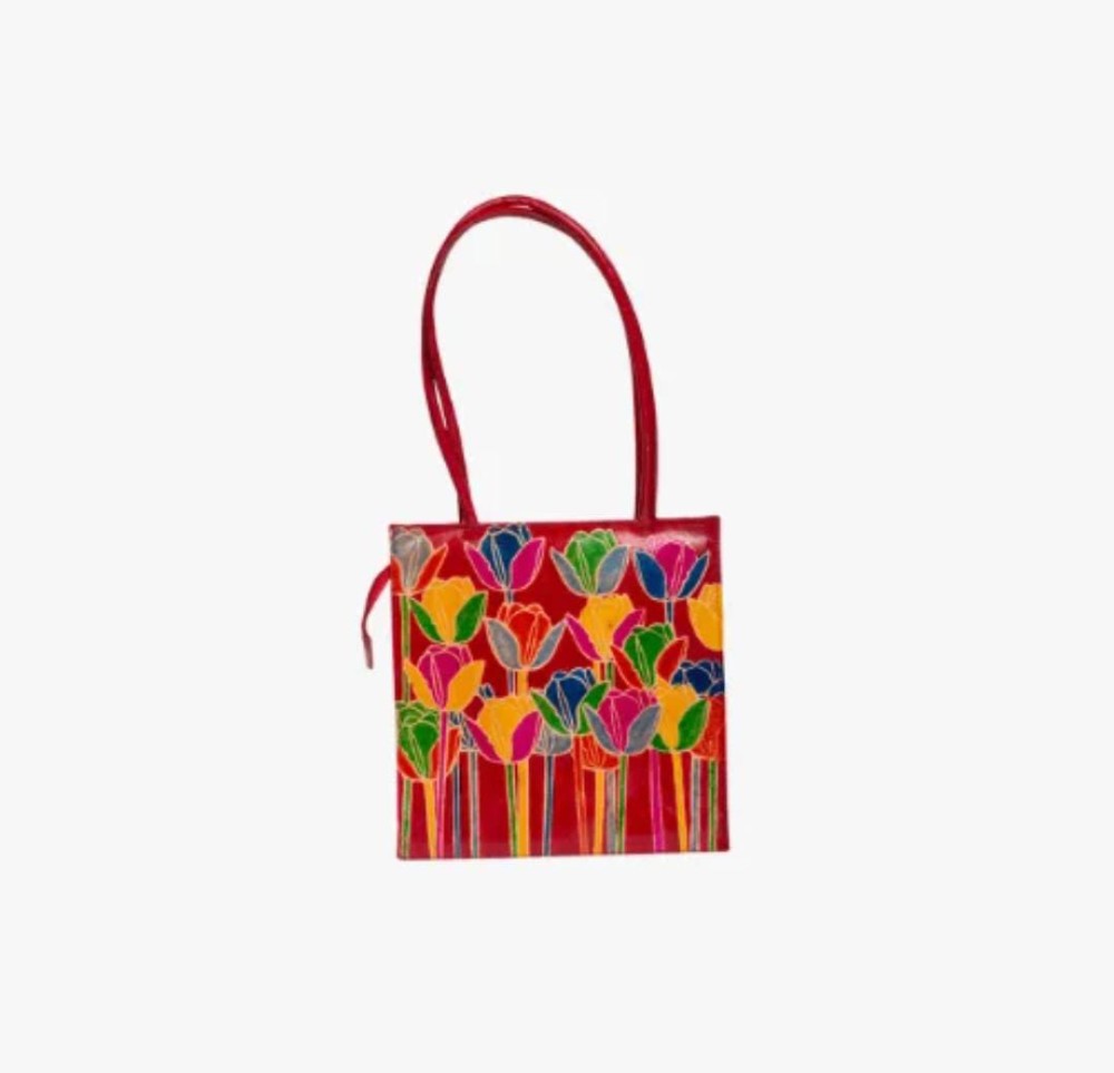 Shantiniketan Genuine Leather Handcarfted Floral Red Shopping And Tote Bag For Woman