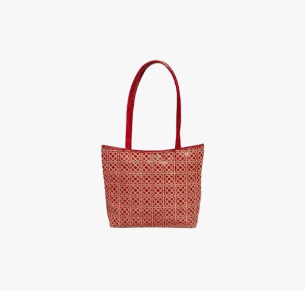 Shantiniketan Genuine Leather Handcarfted Geometric Motif Red Tote Bag For Woman