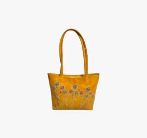 Shantiniketan Genuine Leather Handcarfted Geometric Motif Yellow Tote Bag For Woman