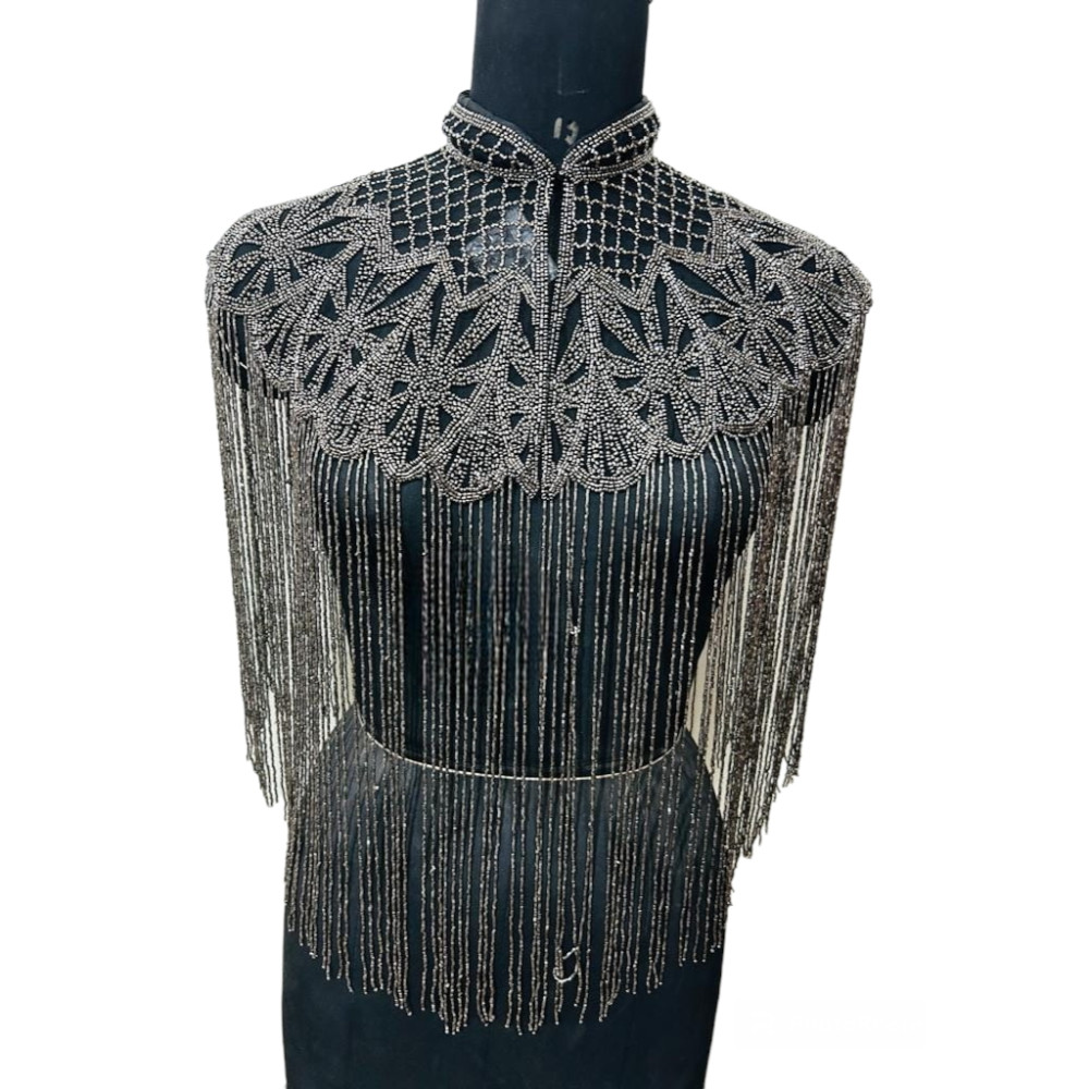 Silver Beaded Cape Fringe Shoulder Shrug Shawl Pashmina