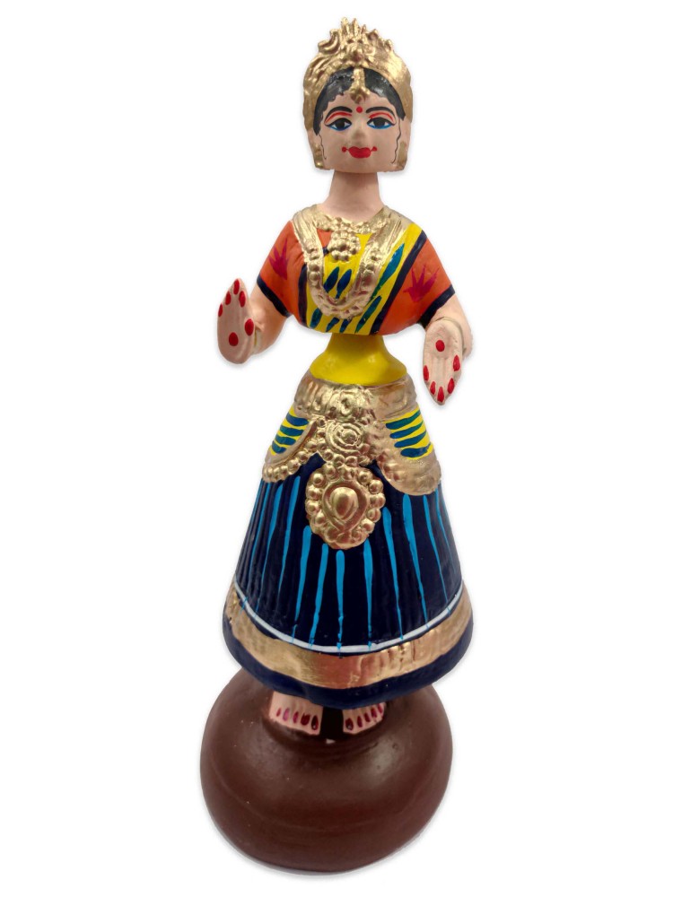 Tanjavur Dancing Doll : 11 Inch, Dark Blue-Yellow-Orange