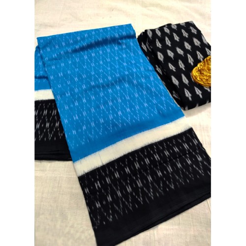 Traditional Pochampally Ikat Handloom Beautiful Cotton Sky Blue & Black Printed Saree