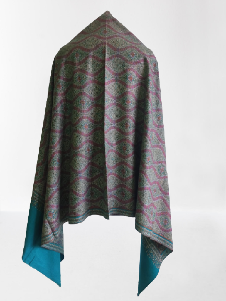 Turquoise & Pink Floral Prints Kani Shawl - 0