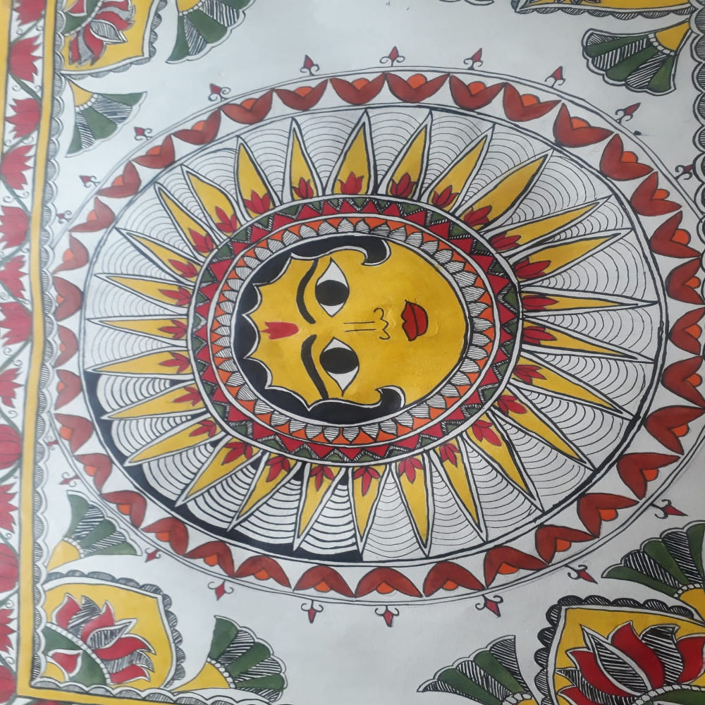 Vibrant Surya Dev Madhubani Painting