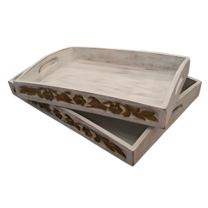 White & Gold Wooden Tray Set of 2