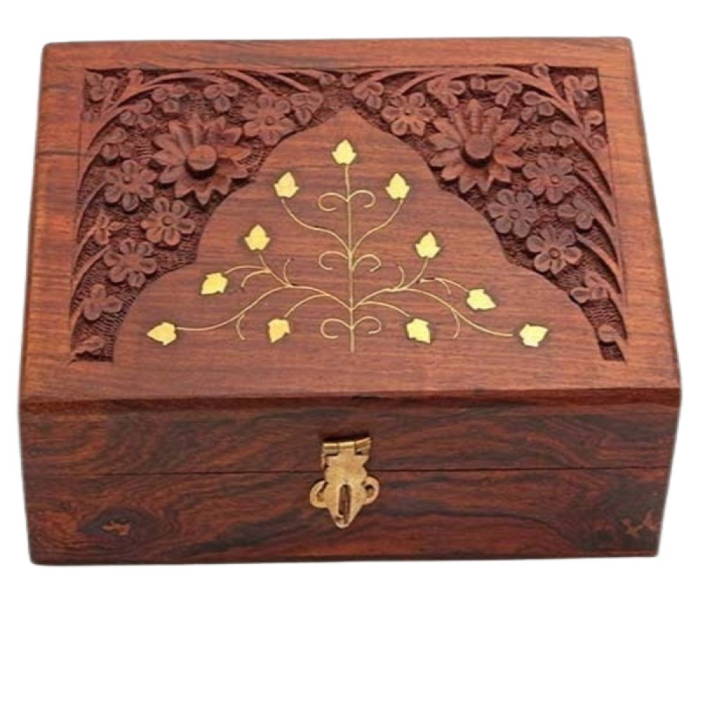 Wooden Handmade Brass And Carving Jewellery Box - 6X4 Inch