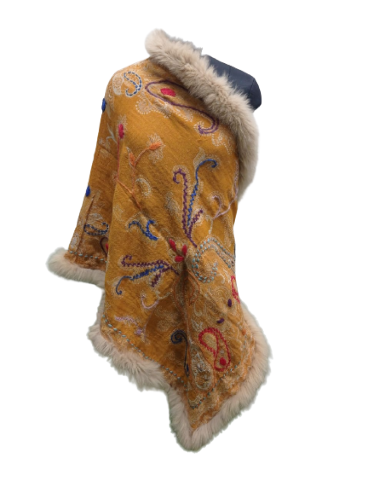 Yellow Floral Prints Pashmina Stole With Fur